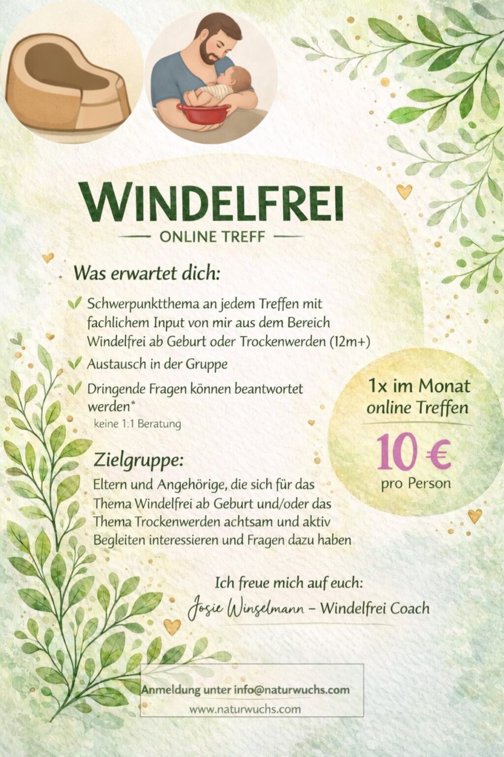 Flyer zum Online-Windelfrei-Treffen mit Themen und Preisen